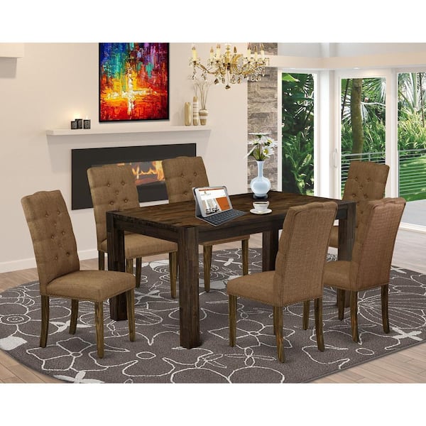 East West Furniture 7-Piece Rectangle Distressed Jacobean Finish Solid Wood Top Dining Table with 6 Chairs with Lattice Back