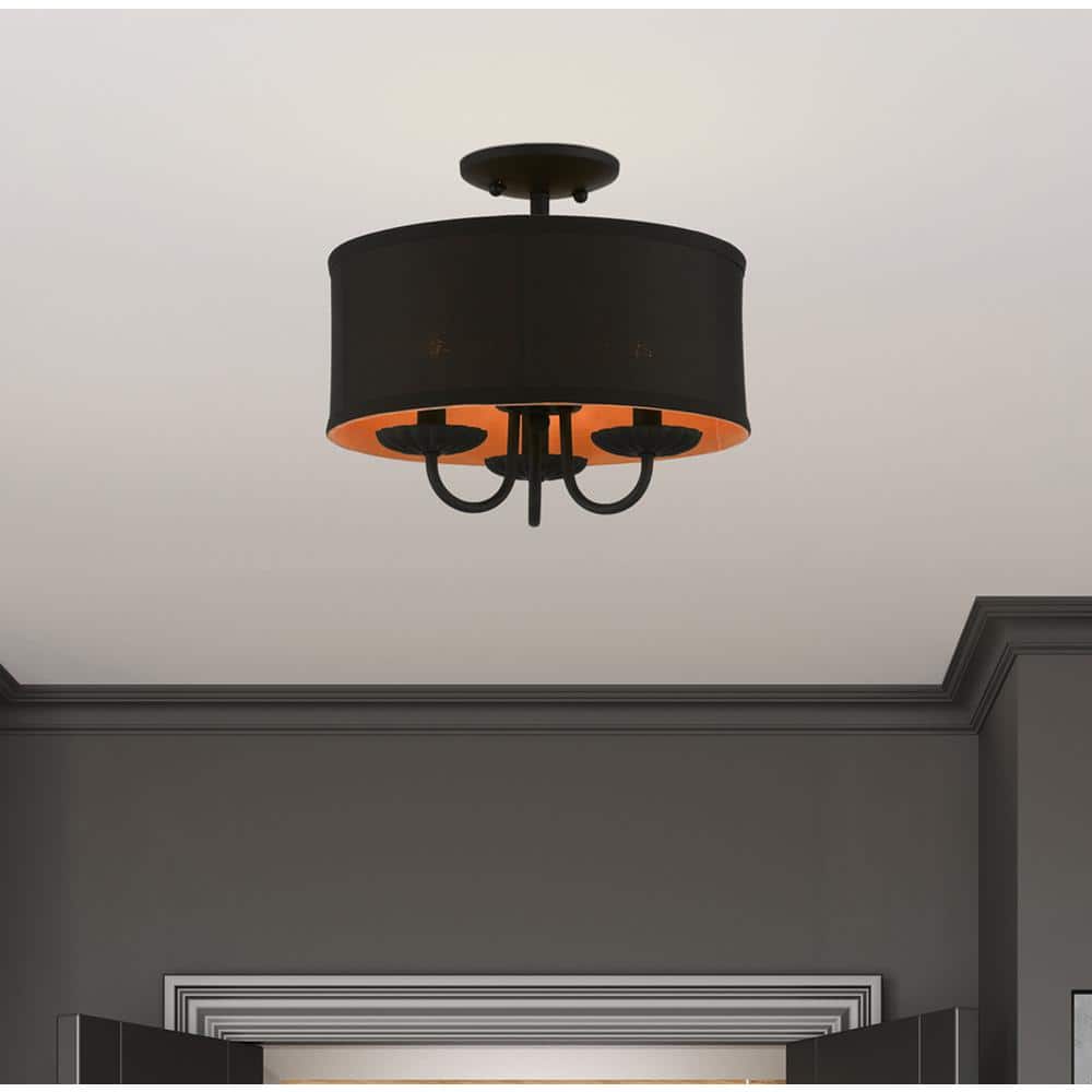 Transitional Black Glass Drum Semi-Flush Mount with Silky Orange Accent