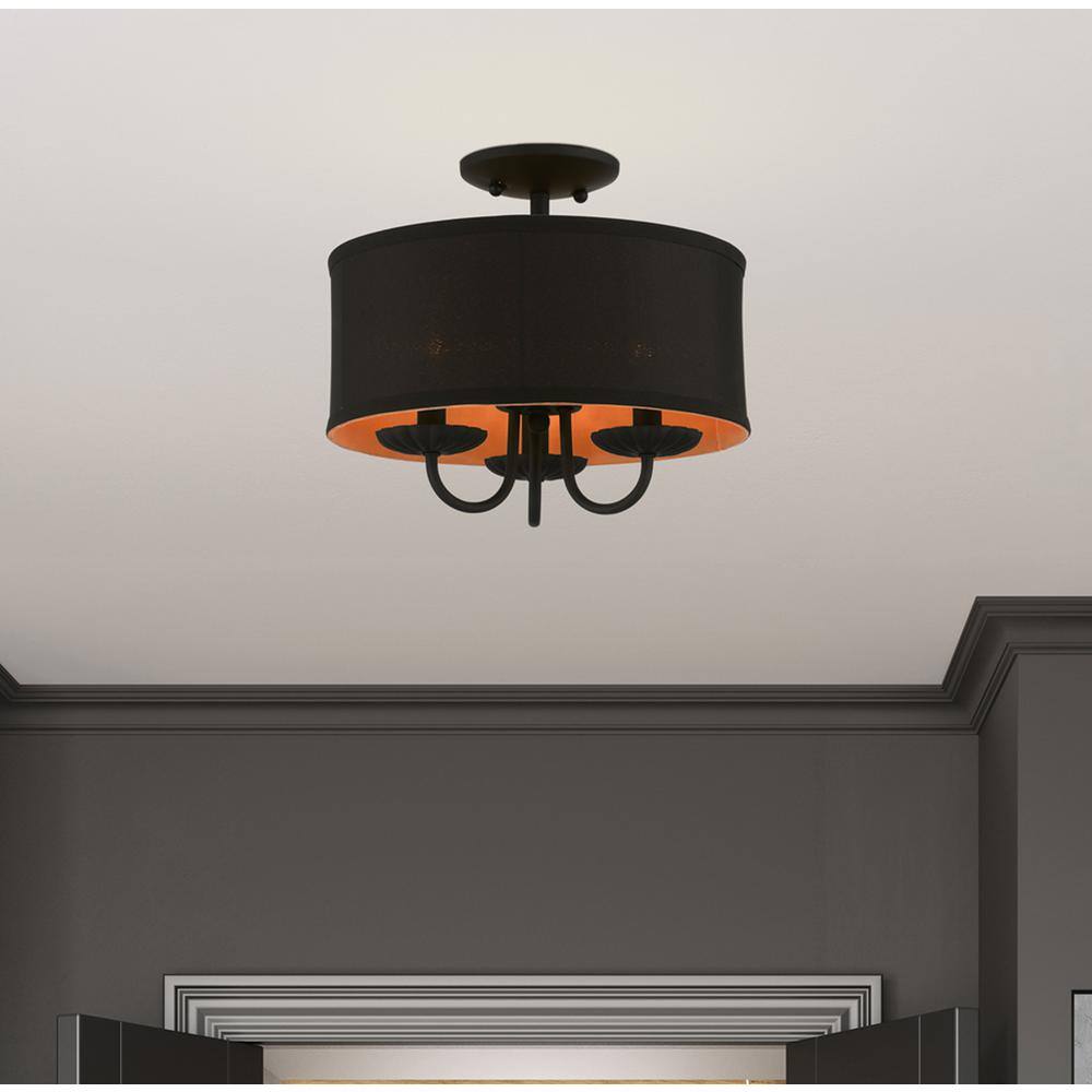 Transitional Black Glass Drum Semi-Flush Mount with Silky Orange Accent