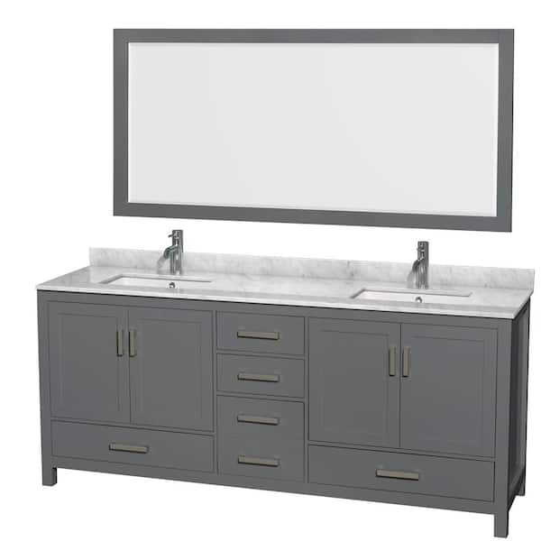 Wyndham Collection Sheffield 80 in. W x 22 in. D x 35 in. H Double Bath Vanity in Dark Gray with White Carrara Marble Top and 70" Mirror