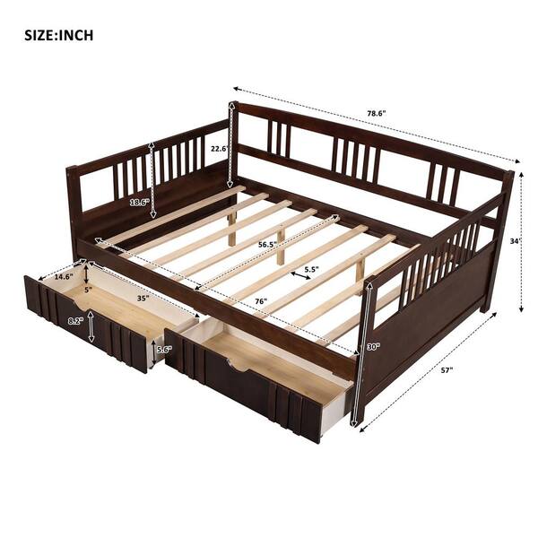 GOJANE Espresso Full Size Wood Daybed with 2-Drawers