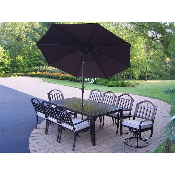 Oakland Living Rochester 9-Piece Patio Dining Set with Cushions and Brown Umbrella