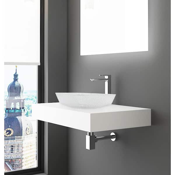 36 in. Wall Mounted Bathroom Countertop Shelf in White Solid Surface with Clear Square Glass Vessel Sink