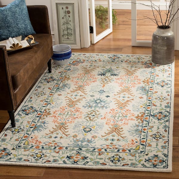 Aspen Ivory/Blue 2 ft. x 11 ft. Border Floral Geometric Runner Rug