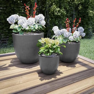Lightweight Fiber Clay Flower Pots - 17.75", 13.75", and 9.75" Diameter - Set of 3, Gray
