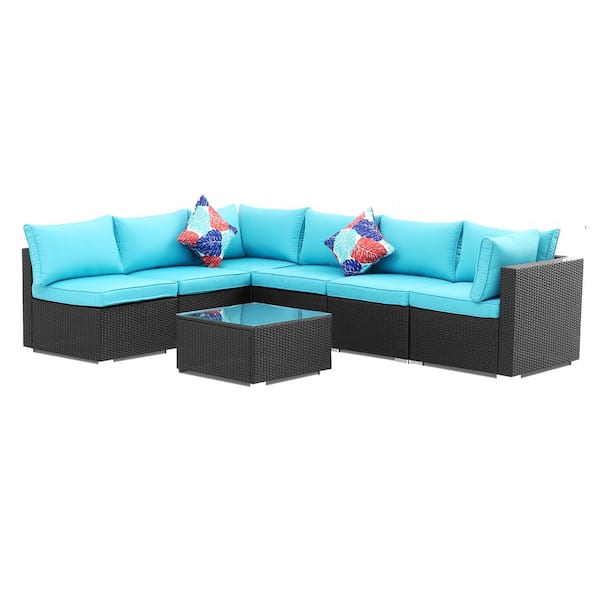 OVASTLKUY 7-Piece Blue Wicker Rattan Patio Furniture Set Patio Conversation with Cushions