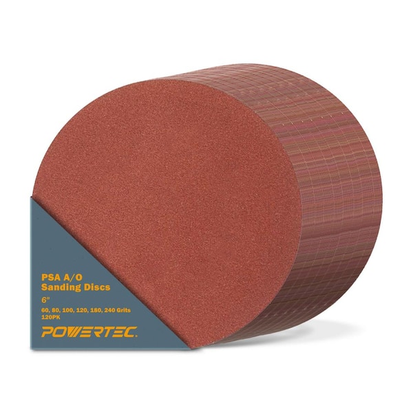 POWERTEC 6 in. PSA Aluminum Oxide Adhesive Sanding Disc 20-Pieces of Each Grits: 60/80/100/120/180/240 (120-Pack)