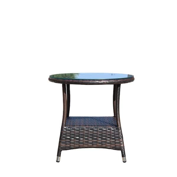 Unbranded Brown PE Rattan Wicker Outdoor Round Coffee Table with Clear Tempered Glass, Patio Side Table
