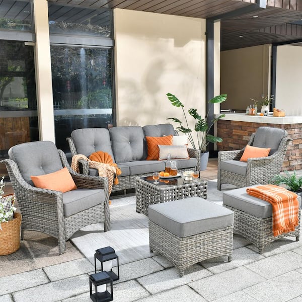 HOOOWOOO Verona Grey 5-Piece Wicker Modern Outdoor Patio Conversation Sofa Seating Set with Dark Grey Cushions
