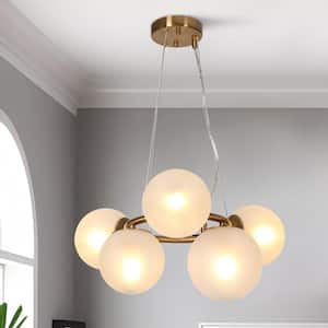 Modern 5-Light Plated Brass Island Chandelier for Kitchen with Frosted Globe Glass Shades Dining Room Mood Lighting