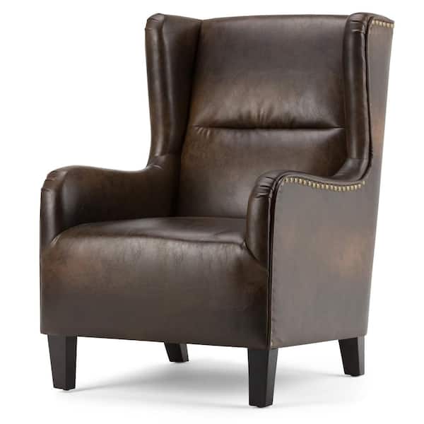 Simpli Home Taylor 28 in. Wide Traditional Wingback Arm Chair in Distressed Brown Bonded Leather