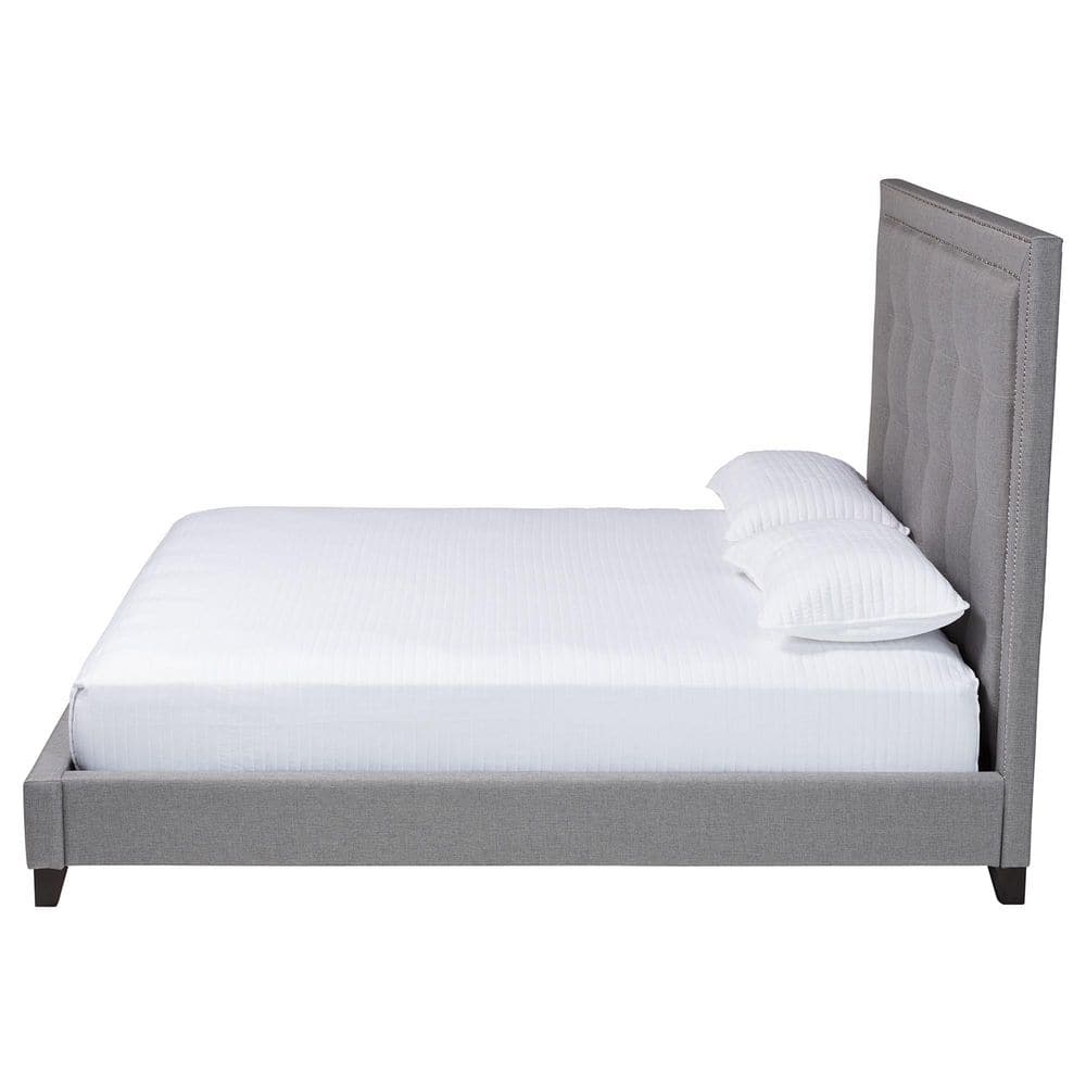 Elegant Gray Linen King Platform Bed with Tufted Headboard and Nailhead Trim