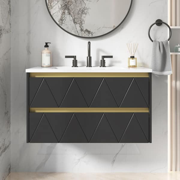 Steve 31 in.W x 19 in.D x 18 in.H Single Sink Wall Mount Bath Vanity in Black with White Solid Surface Top Unassembled
