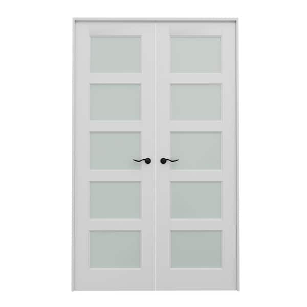 ARK DESIGN 48 in. x 80 in. Universal Handed 5-Lite Frosted Glass White Solid Core MDF Double French Door with Assemble Jamb