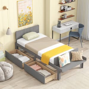Modern Gray Wood Frame Twin Size Platform Bed with Footboard Bench and 2-Drawer