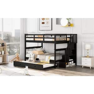 Espresso Stairway Full-Over-Full Bunk Bed with Twin Size Trundle, Storage and Guard Rail for Bedroom, Dorm