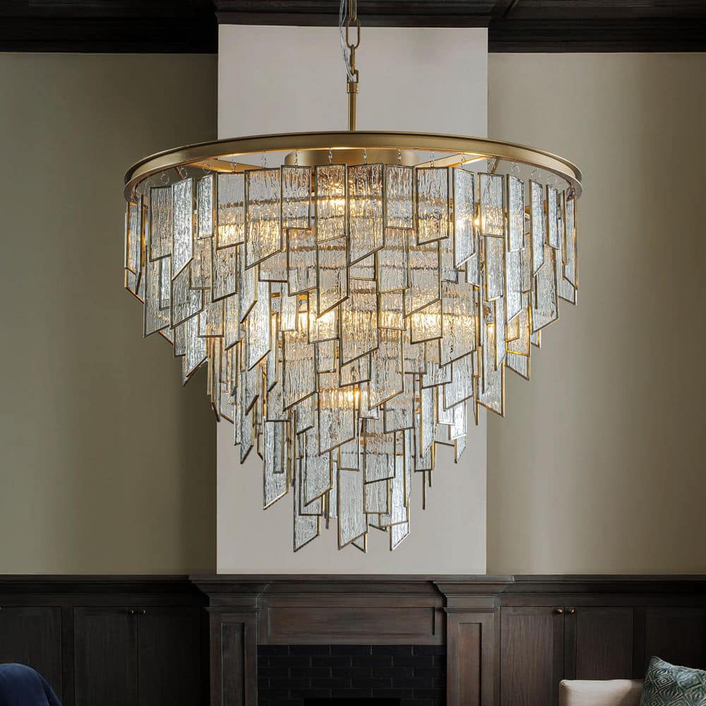 Modern 9-Light 24 in. Painted Brass Luxury Water Ripple Glass Chandelier fo