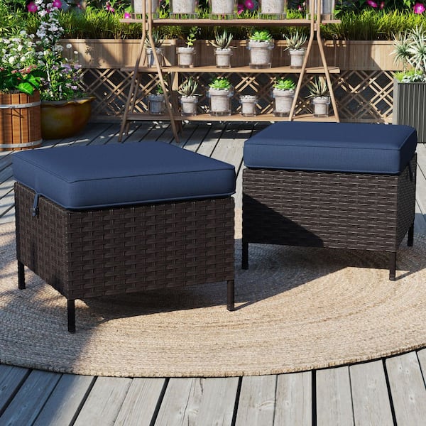 2-Piece Wicker Outdoor Patio Ottoman with Soft Zippered Blue Cushions