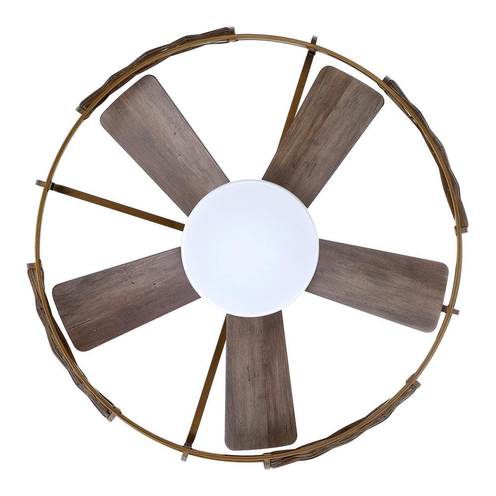 Natural Brass Rattan Flush Mount Ceiling Fan with LED Light and Remote