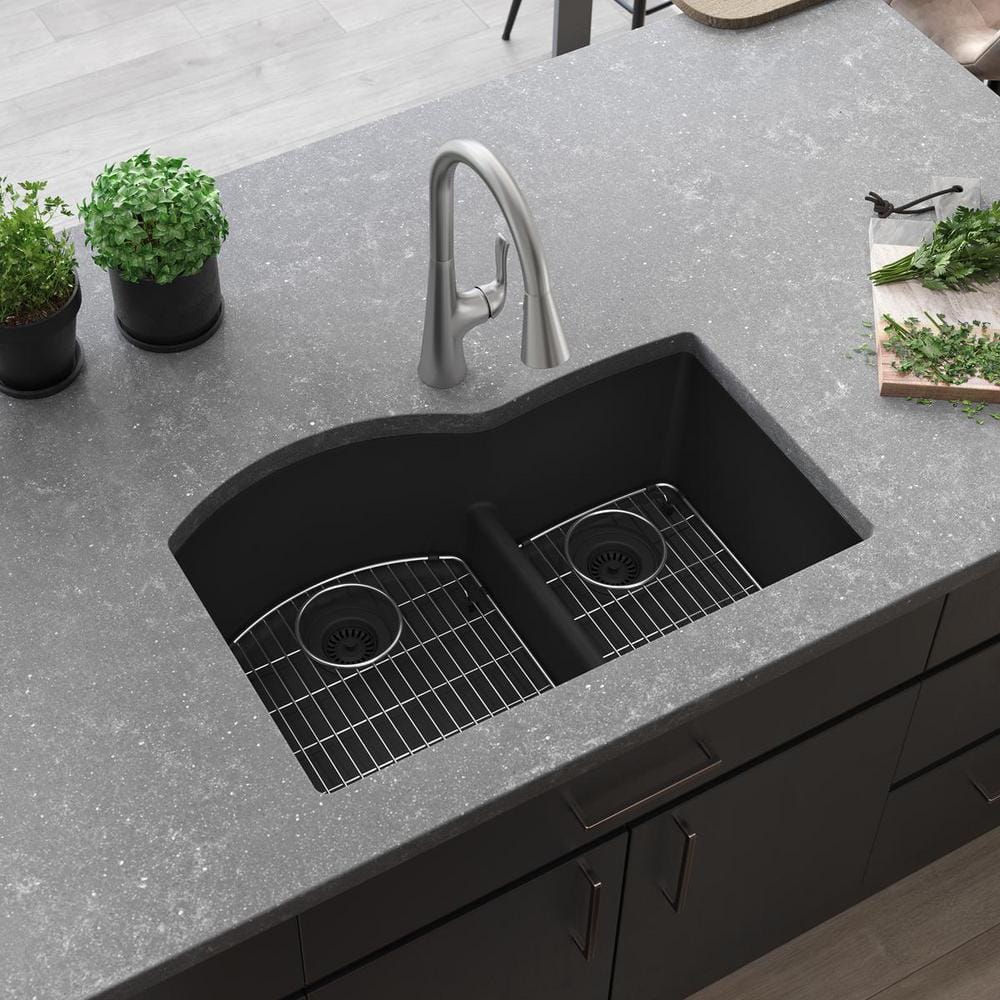 Matte Black Stone Double Bowl Undermount Kitchen Sink