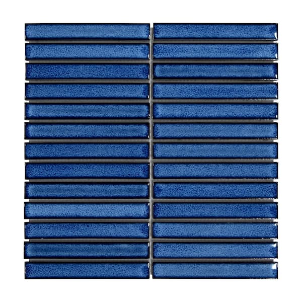 Stacked Blue 12 in. x 12 in. Glossy Porcelain Floor and Wall Mosaic Tile Kit Kat Finger Tile (5 sq. ft. /Case)