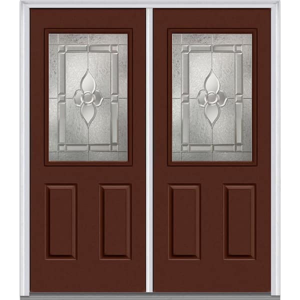 MMI Door 64 in. x 80 in. Master Nouveau Left-Hand Inswing 1/2-Lite Decorative Glass 2-Panel Painted Steel Prehung Front Door