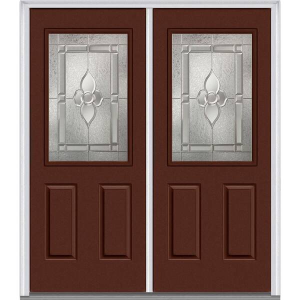 MMI Door 64 in. x 80 in. Master Nouveau Right-Hand Inswing 1/2-Lite Decorative Glass 2-Panel Painted Steel Prehung Front Door