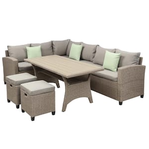 5-Piece Wicker Outdoor Patio Conversation Set with Beige Cushions and Ottoman
