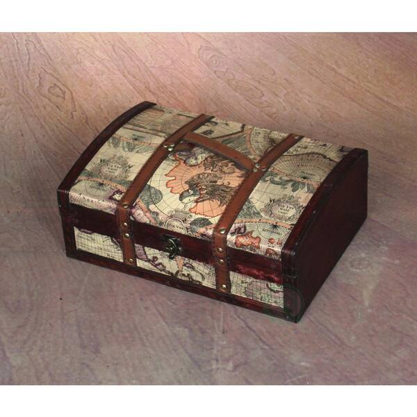 Vintiquewise 14 in. x 10 in. x 5 in. Wood and Faux Leather Old World Map Treasure Chest, Set of 2