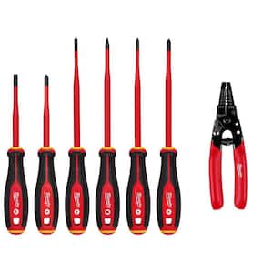 1000-Volt Insulated Slim Tip Screwdriver Set with 10-24 AWG Compact Dipped Grip Wire Stripper and Cutter (7-Piece)