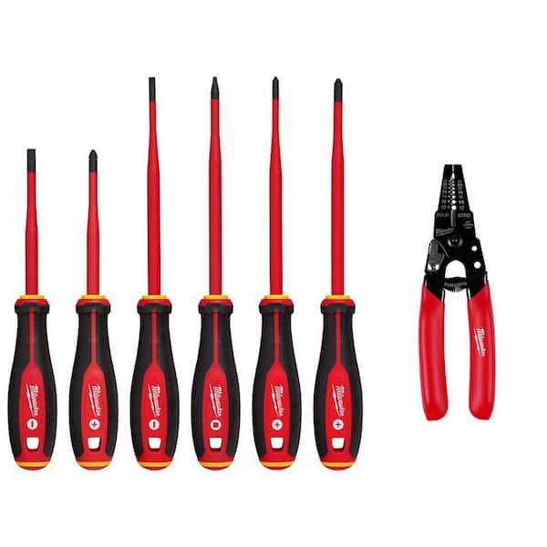 Milwaukee 1000-Volt Insulated Slim Tip Screwdriver Set with 10-24 AWG Compact Dipped Grip Wire Stripper and Cutter (7-Piece)