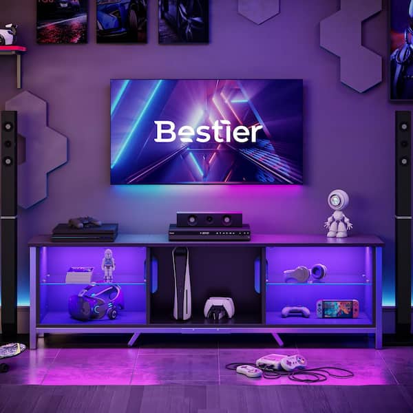 Bestier 71 in. Modern Black Carbon Fiber TV Stand Fits TVs up to 75 in. LED Entertainment Center with Detachable Glass Shelves