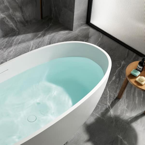 Foyil 71 in. x 35 in. Solid Surface Stone Resin Flatbottom Freestanding Bathtub Soaking Bathtub in Matte White