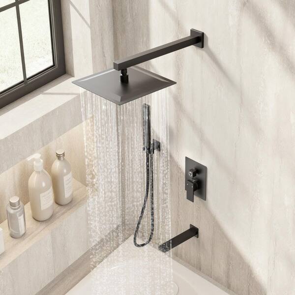 Double Handles 3-Spray 10 in. Wall Mount Shower Head Tub and Shower Faucet in Matte Black (Valve Included)