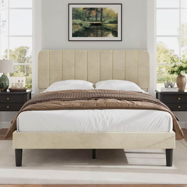VECELO Upholstered Bed Frame, Queen Platform Bed Frame with Adjustable Headboard, Strong Wooden Slats Support, Beige