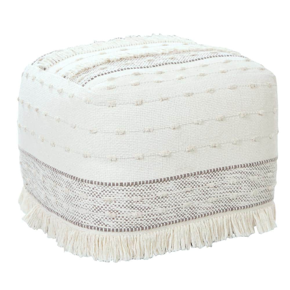 Ivory and Brown Shag Fringe Textured Square Pouf, 18" x 14"