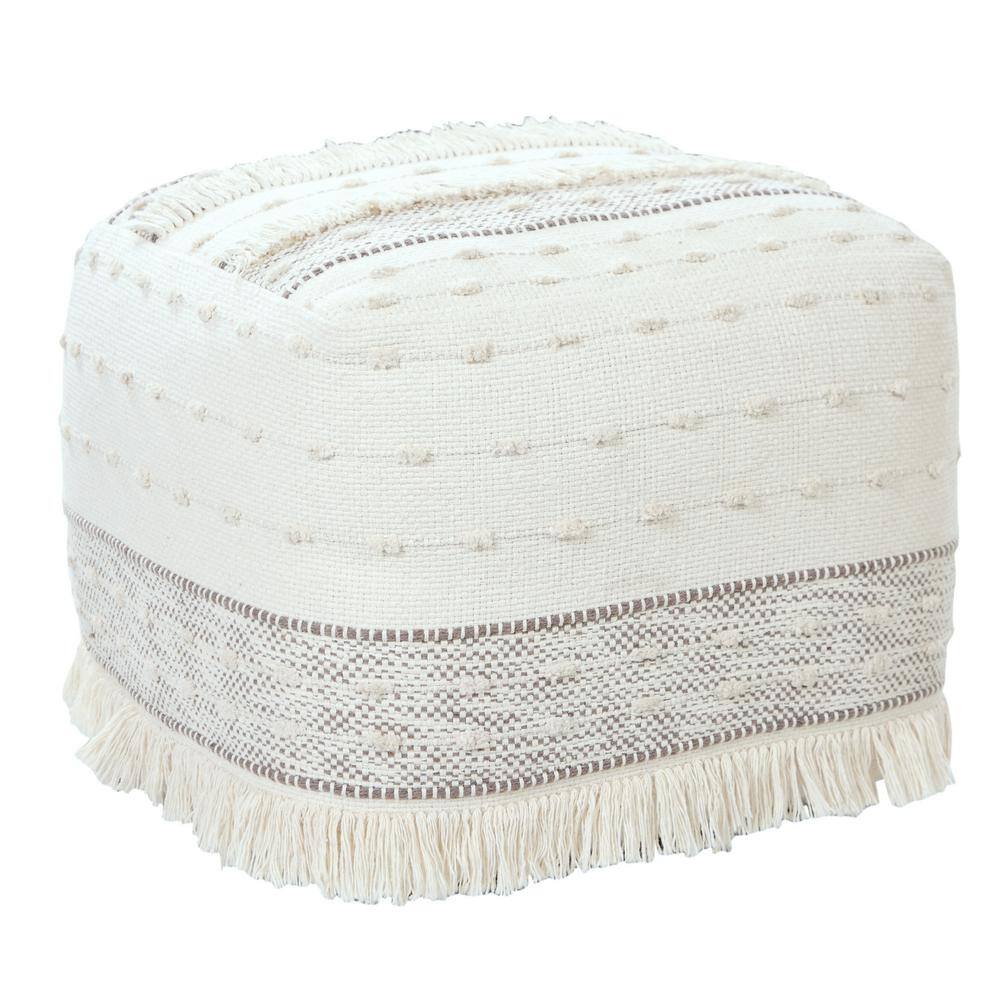 Ivory and Brown Shag Fringe Textured Square Pouf, 18" x 14"