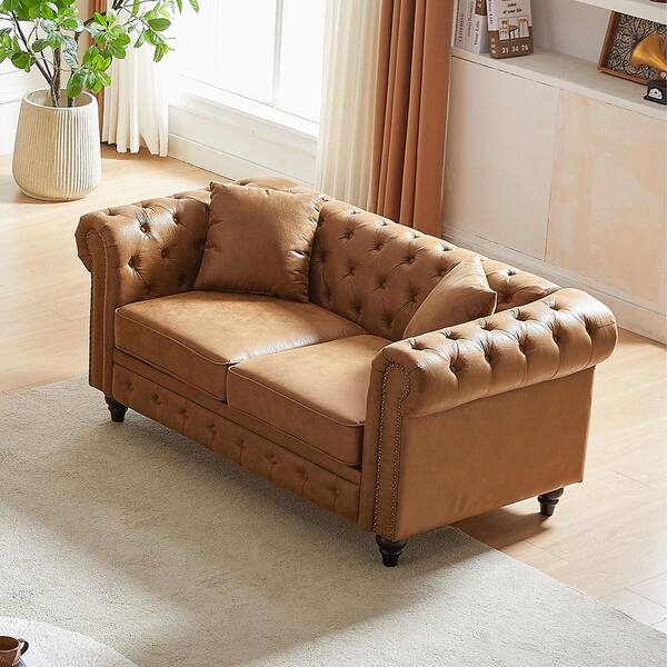 63.5 in. W Polyester 2-Seats Loveseat with Tufted Back, Rolled Arms, Wooden Legs in Brown-A