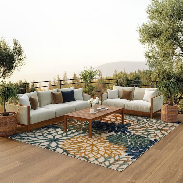 Aloha Blue Green 8 ft. x 11 ft. Floral Contemporary Indoor/Outdoor Area Rug