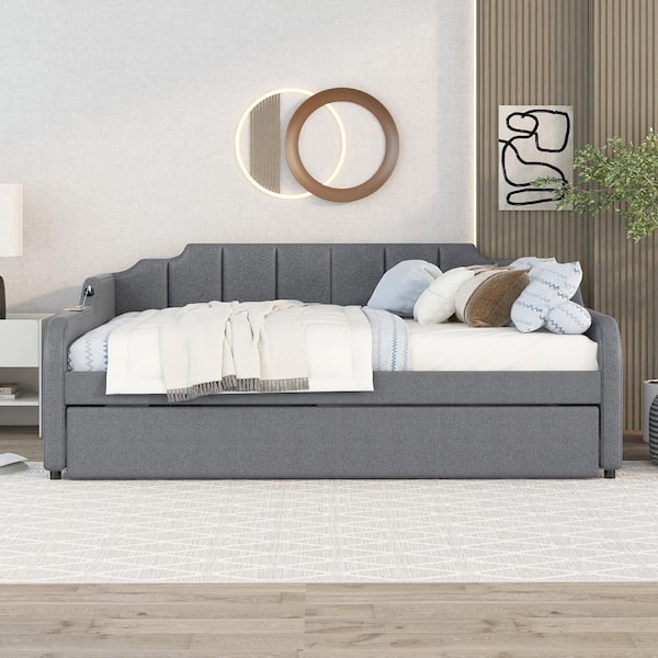 Gray Full Daybed with Trundle and USB Charging Design