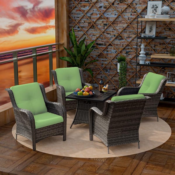 MeetLeisure 5-Piece 4-Seat Rattan Wicker Patio Conversation Set with Green Cushions and Fire Pit Table