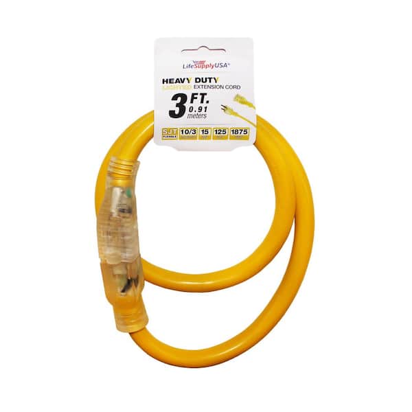 LifeSupplyUSA 3 ft. 10/3 SJTW Lighted End Heavy-Duty Extension Cord (2-Pack)