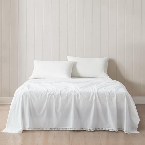 Evelyn Lace Trim 4-Piece Set White Solid Cotton Queen Sheet Set