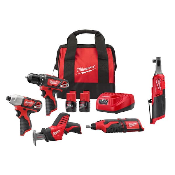 Milwaukee M12 12V Li-Ion Cordless 4-Tool Combo Kit w (2) Compact 1.5Ah Batteries, Charger and M12 FUEL High Speed 3/8 in. Ratchet