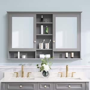 55 in. W x 35 in. H Rectangular Solid Wood Bathroom Medicine Cabinet with Mirror, 2 Soft-Closed Doors, Easy Hang, Gray