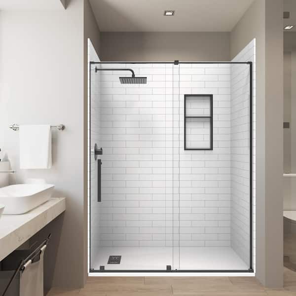 32 x 60x84 in. Solid Composite Stone Alcove Shower Insert Wall and Base Combo Kit,Nickel Door,Niche and Drain-Reversible
