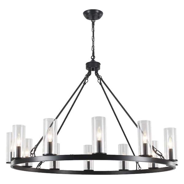 ADSENSTY 12-Light Black Candle Style Wagon Wheel Chandelier Modern Farmhouse Pendant Light with Clear Glass Shade