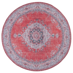 Tucson Red/Beige 6 ft. x 6 ft. Machine Washable Floral Border Round Area Rug
