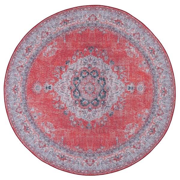 SAFAVIEH Tucson Red/Beige 6 ft. x 6 ft. Machine Washable Floral Border Round Area Rug