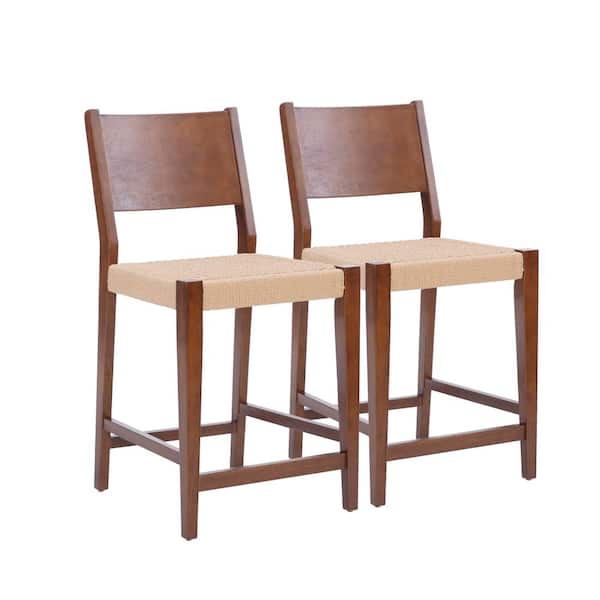 Linon Home Decor Marlene 24 in. Seat Height Brown High back wood frame CounterStool with Rattan Rope Seat (set of 2)